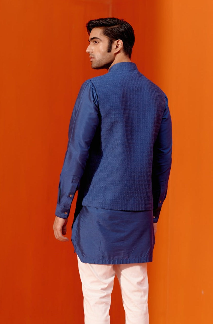 Devnaagri Mens Royal Blue Pin Tucks Detailed Kurta Set | Devnaagri L