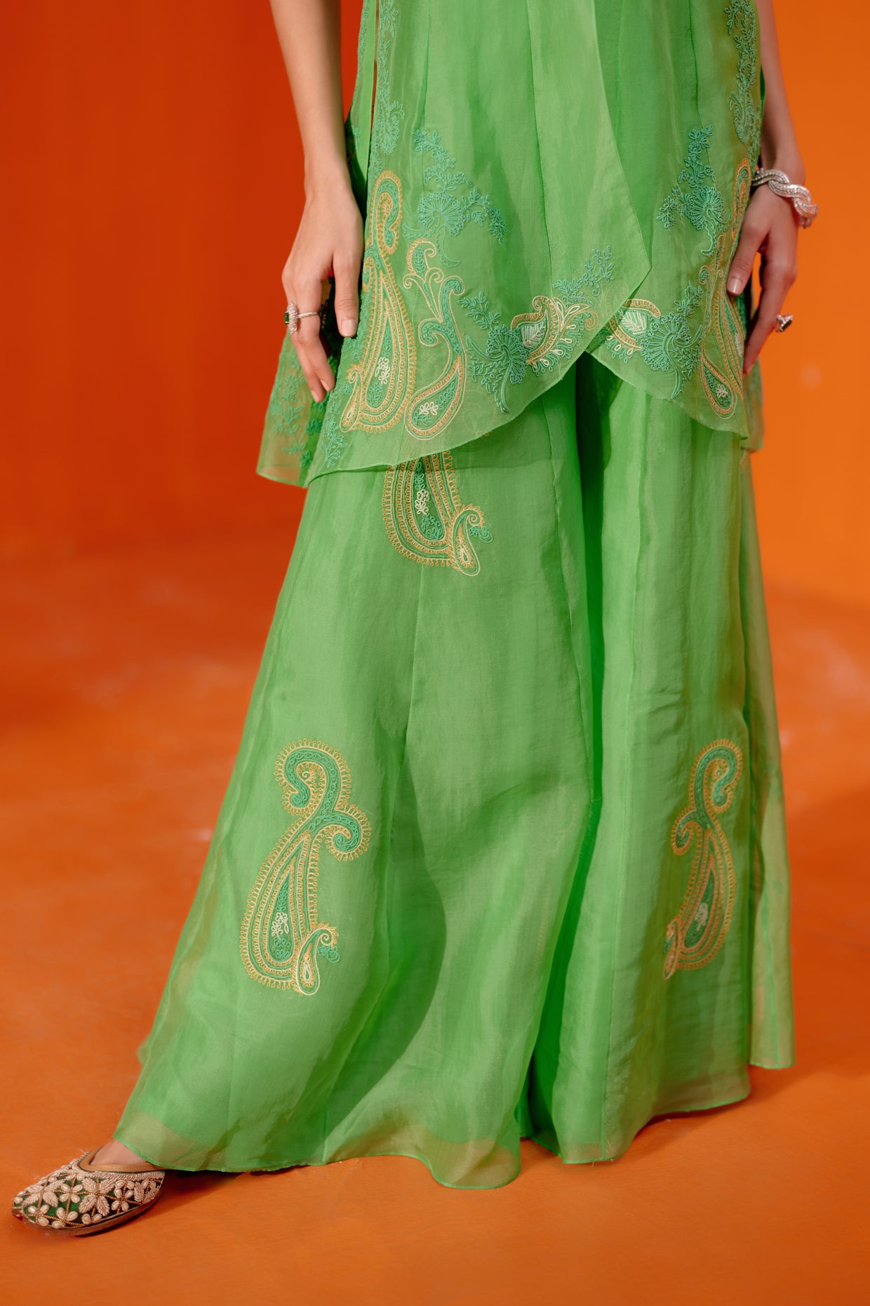 Devnaagri  Green Embroidered Front Slit Sharara Set