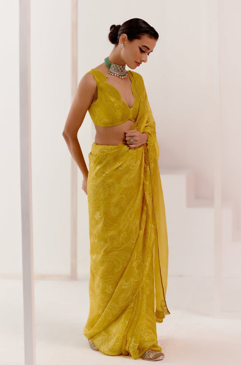 Neha Shetty in Mustard Woven Silk Organza Saree