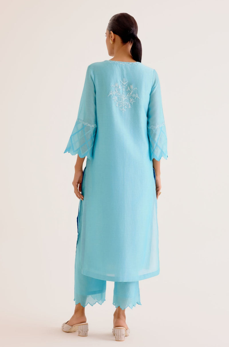 Turquoise Blue Silk Chanderi Dori Embroidered Kurta Set