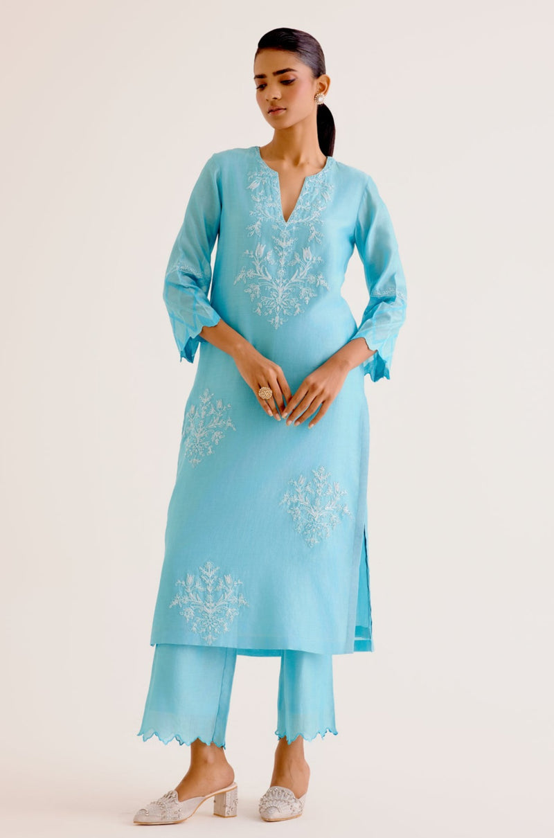 Turquoise Blue Silk Chanderi Dori Embroidered Kurta Set