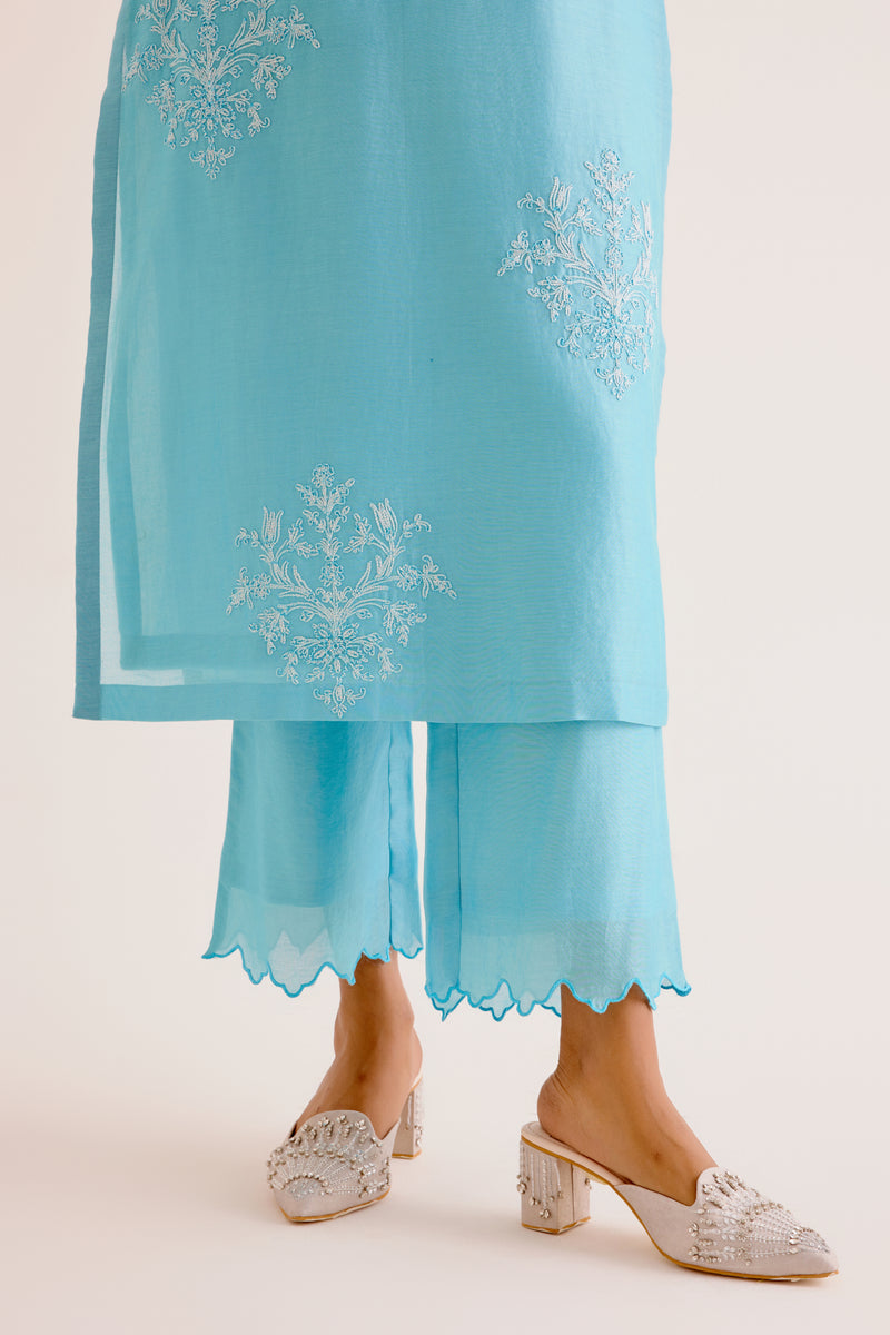 Turquoise Blue Silk Chanderi Dori Embroidered Kurta Set