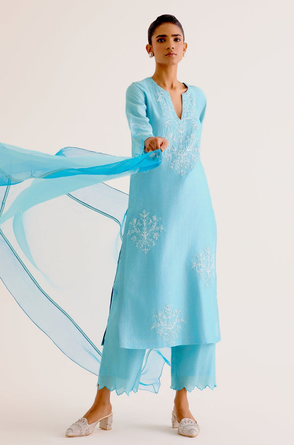 Turquoise Blue Silk Chanderi Dori Embroidered Kurta Set