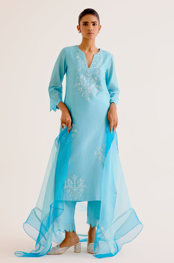 Turquoise Blue Silk Chanderi Dori Embroidered Kurta Set