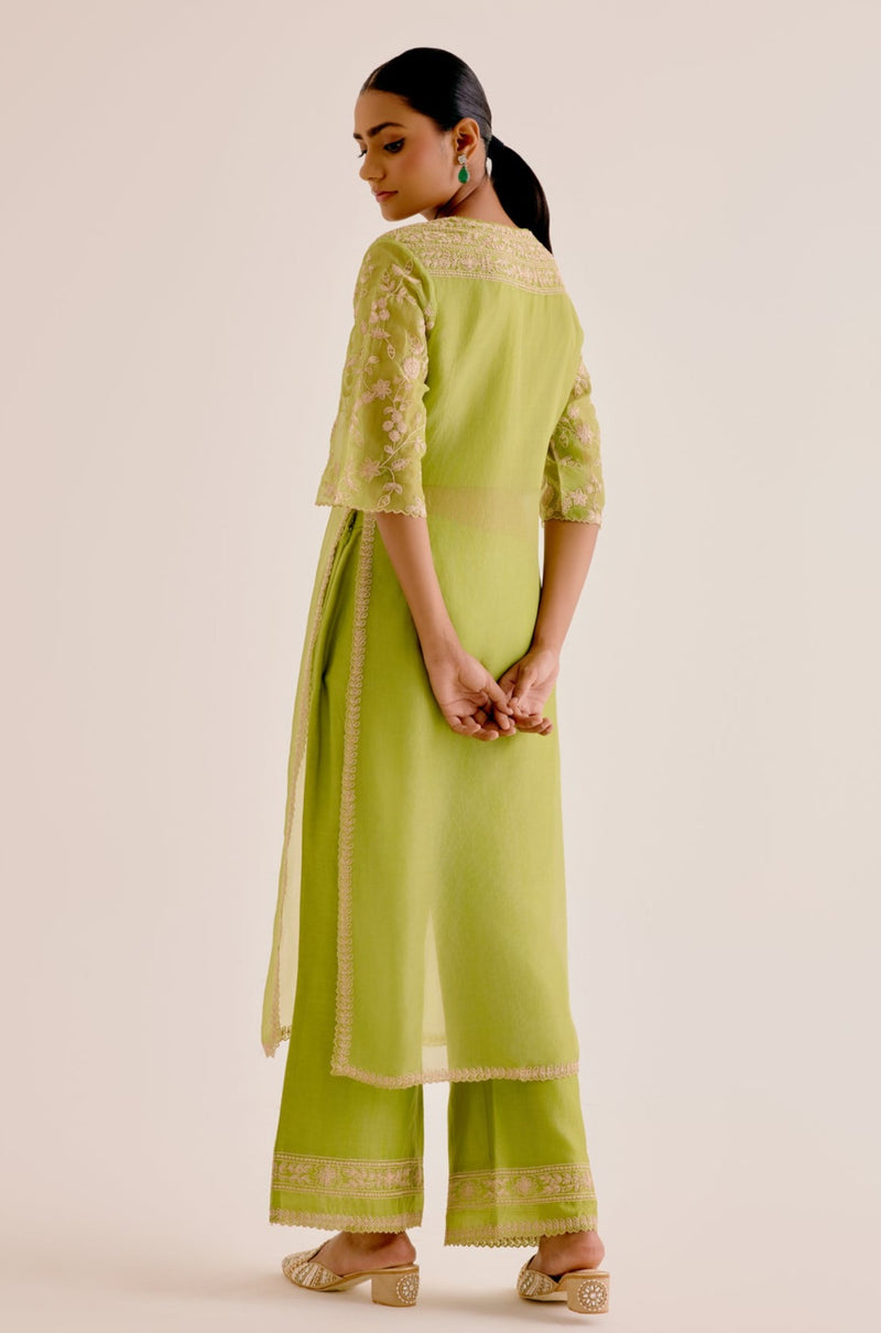 Green Slit Silk Organza Kurta Set