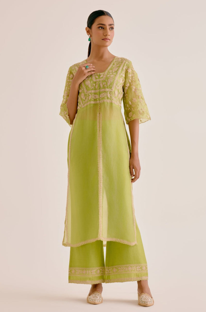 Green Slit Silk Organza Kurta Set