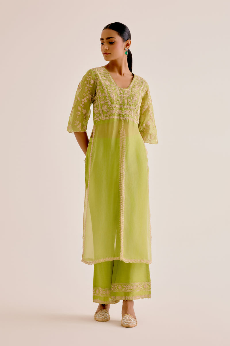 Green Slit Silk Organza Kurta Set