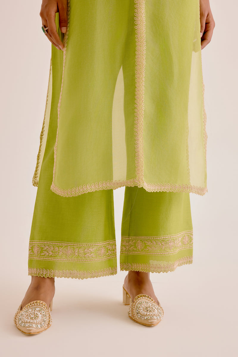 Green Slit Silk Organza Kurta Set