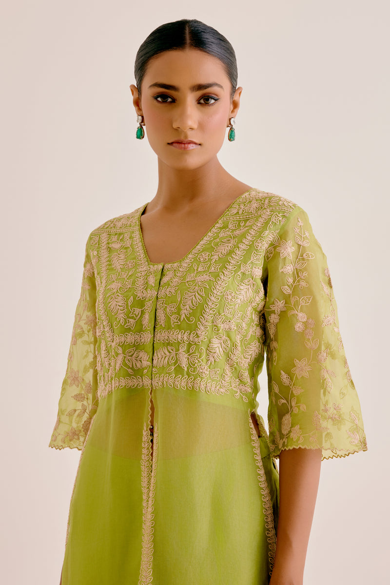 Green Slit Silk Organza Kurta Set