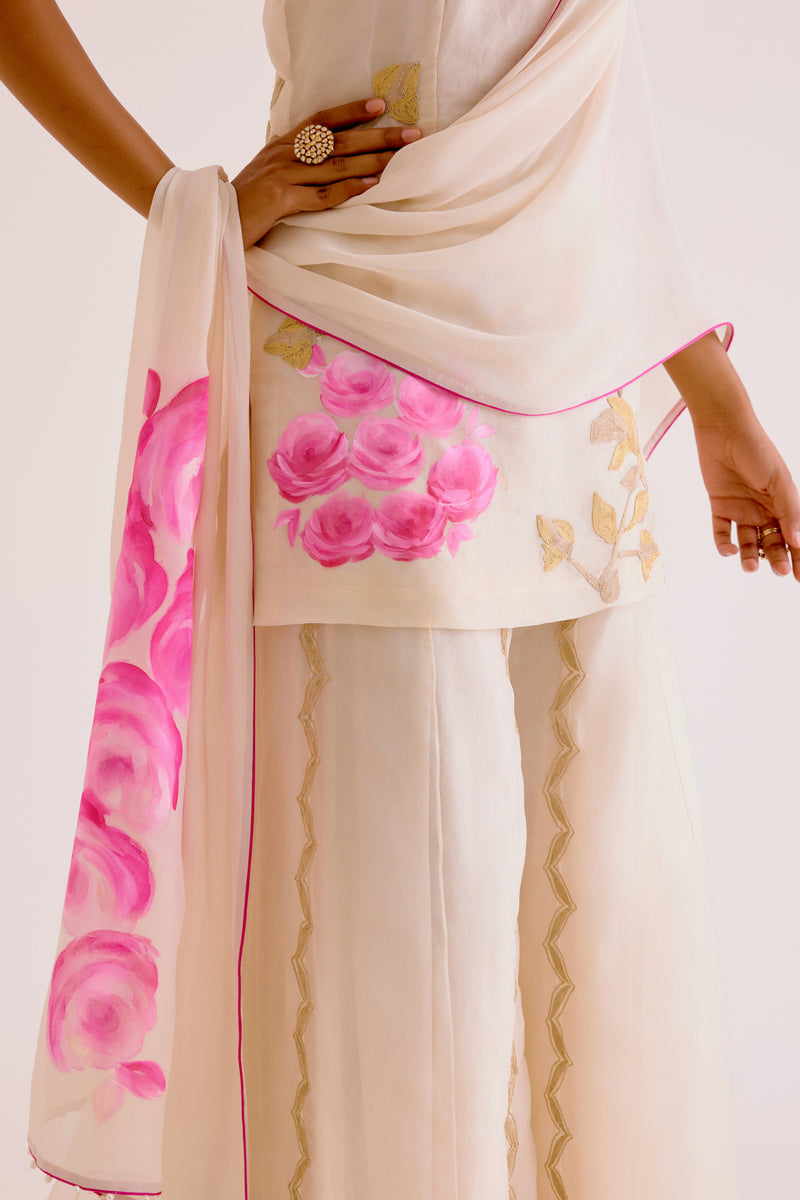Ivory and Pink Silk Organza Hand-Painted  Embroidered Sharara Set