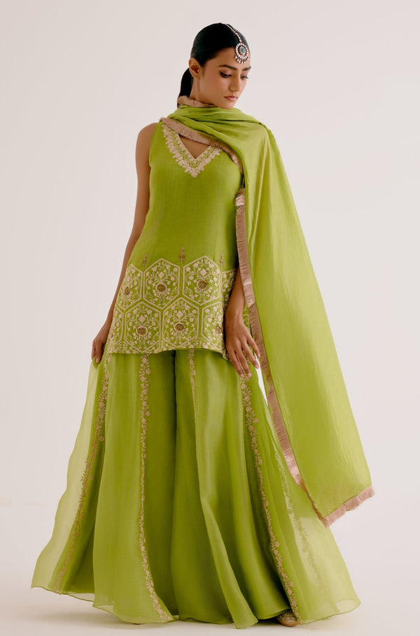 Green Embroidered Sharara Set