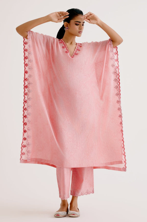 Blush Pink Silk Chanderi Dori Embroidered Kaftan Set