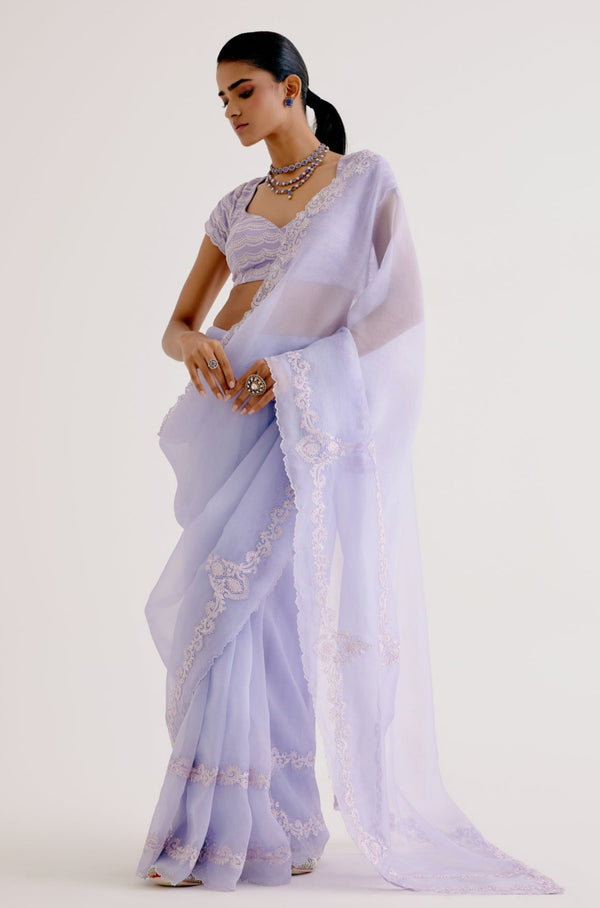 Komal Pandey in Lilac Silk Organza Dori Embroidered Saree Set