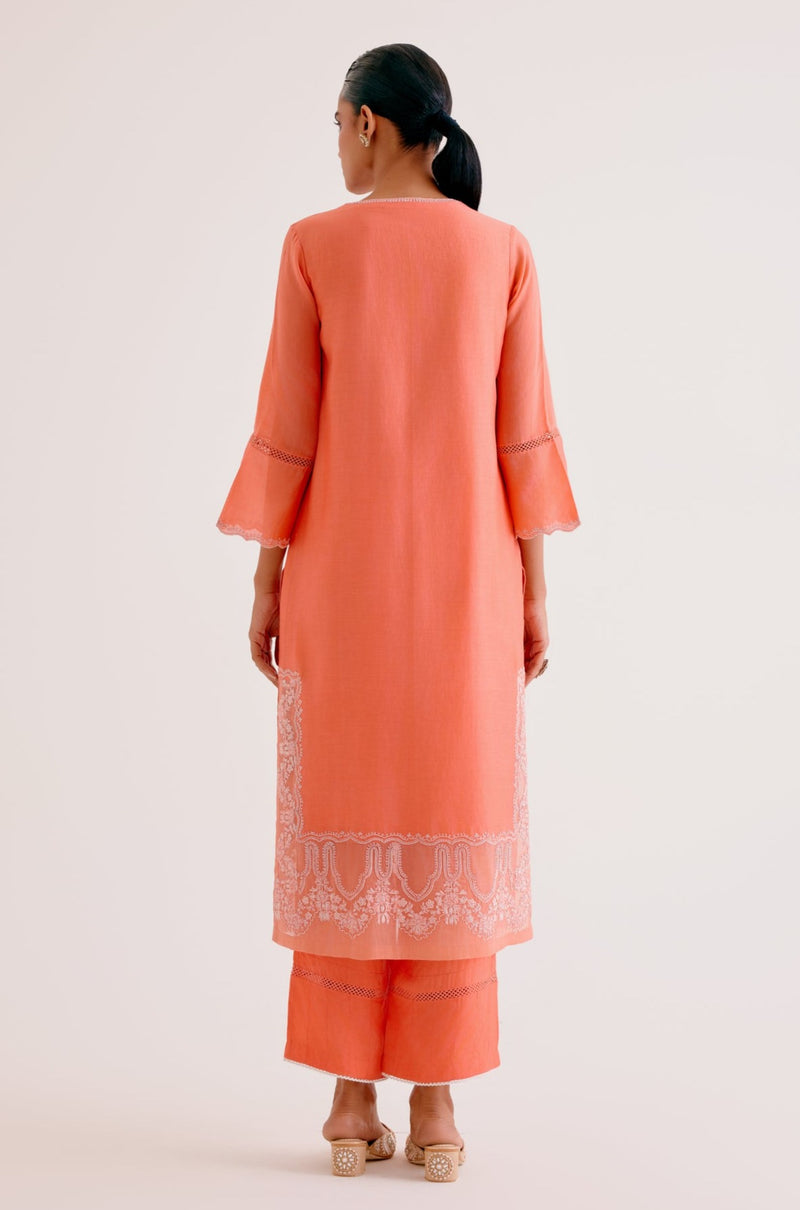 Orange Silk Chanderi Dori and Sequins Embroidered Kurta Set