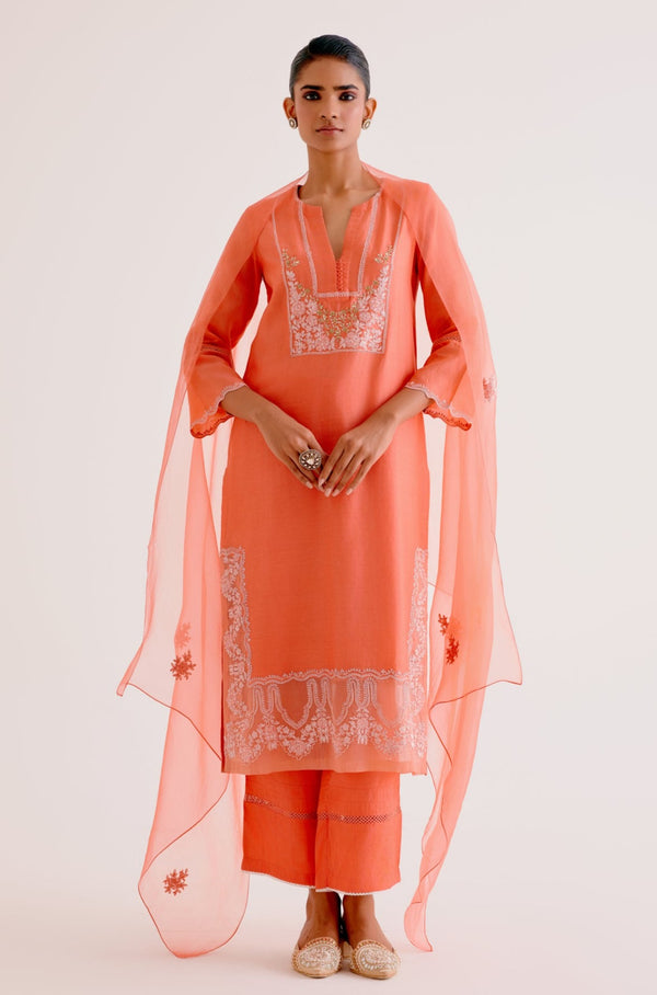Orange Silk Chanderi Dori and Sequins Embroidered Kurta Set