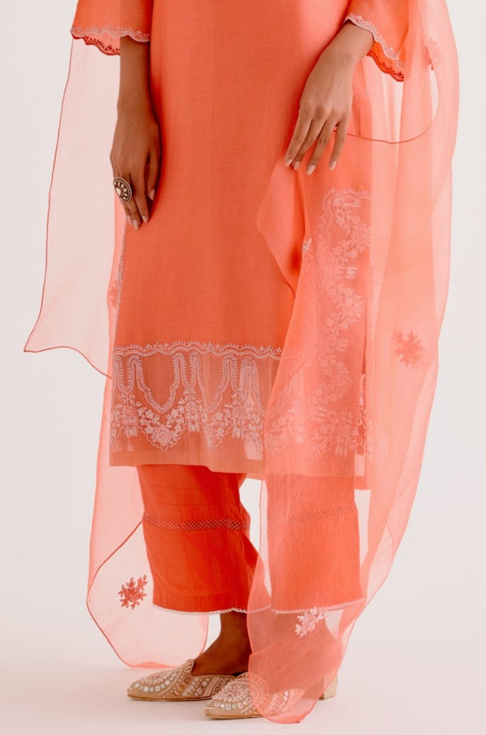 Orange Silk Chanderi Dori and Sequins Embroidered Kurta Set