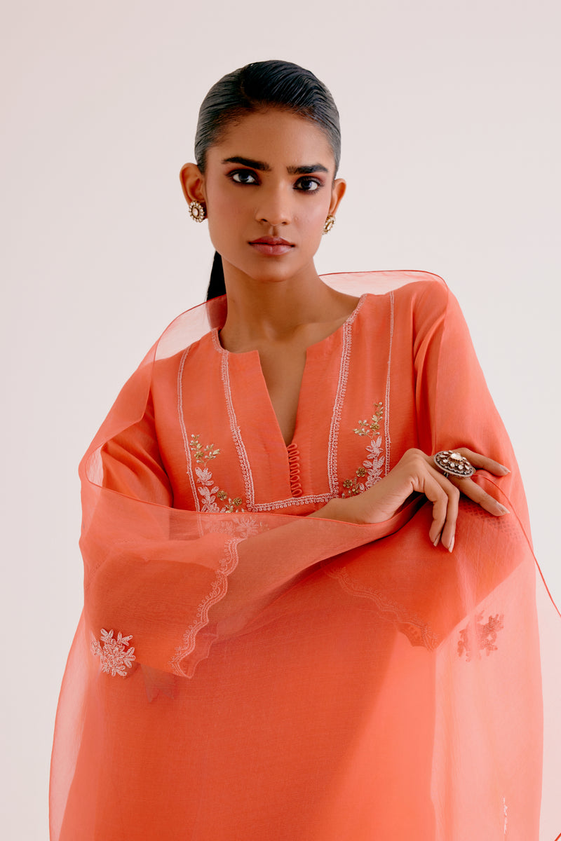 Orange Silk Chanderi Dori and Sequins Embroidered Kurta Set