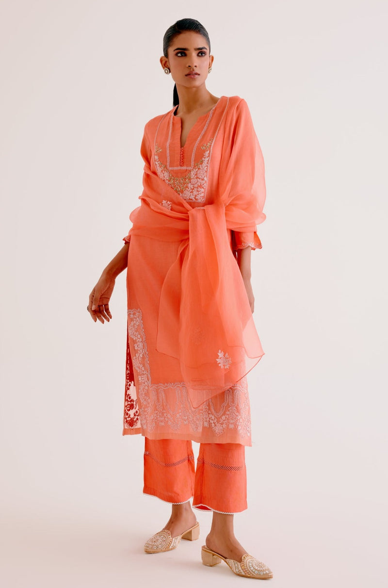 Orange Silk Chanderi Dori and Sequins Embroidered Kurta Set