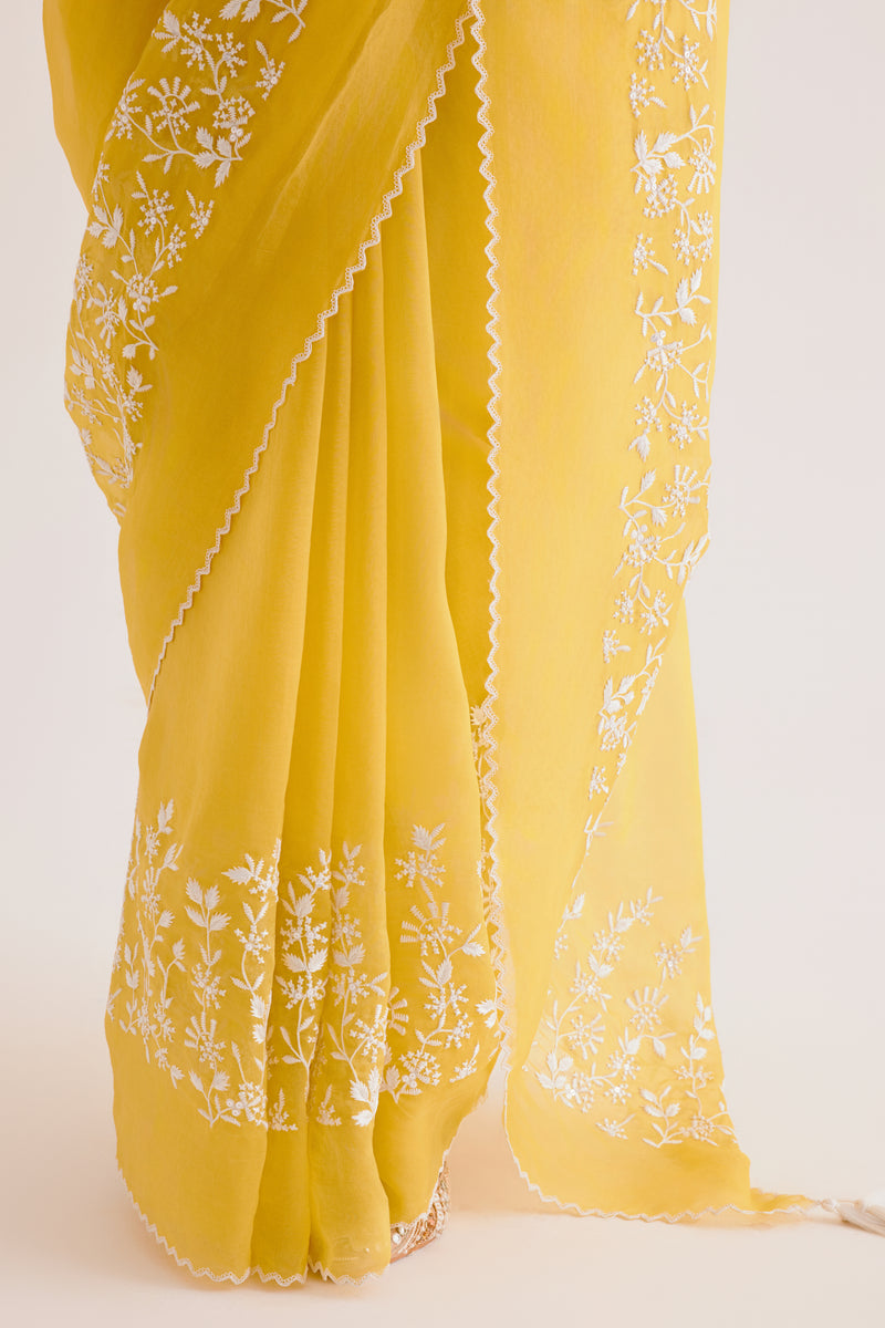 Yellow Silk Organza Saree