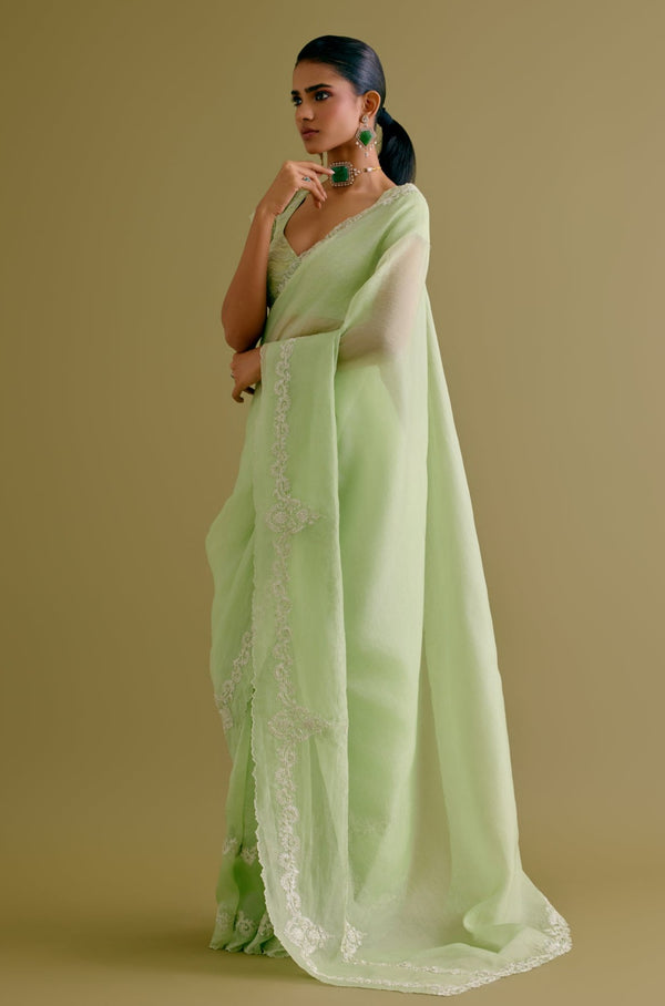 Pistachio Green Silk Organza Dori Embroidered Saree Set