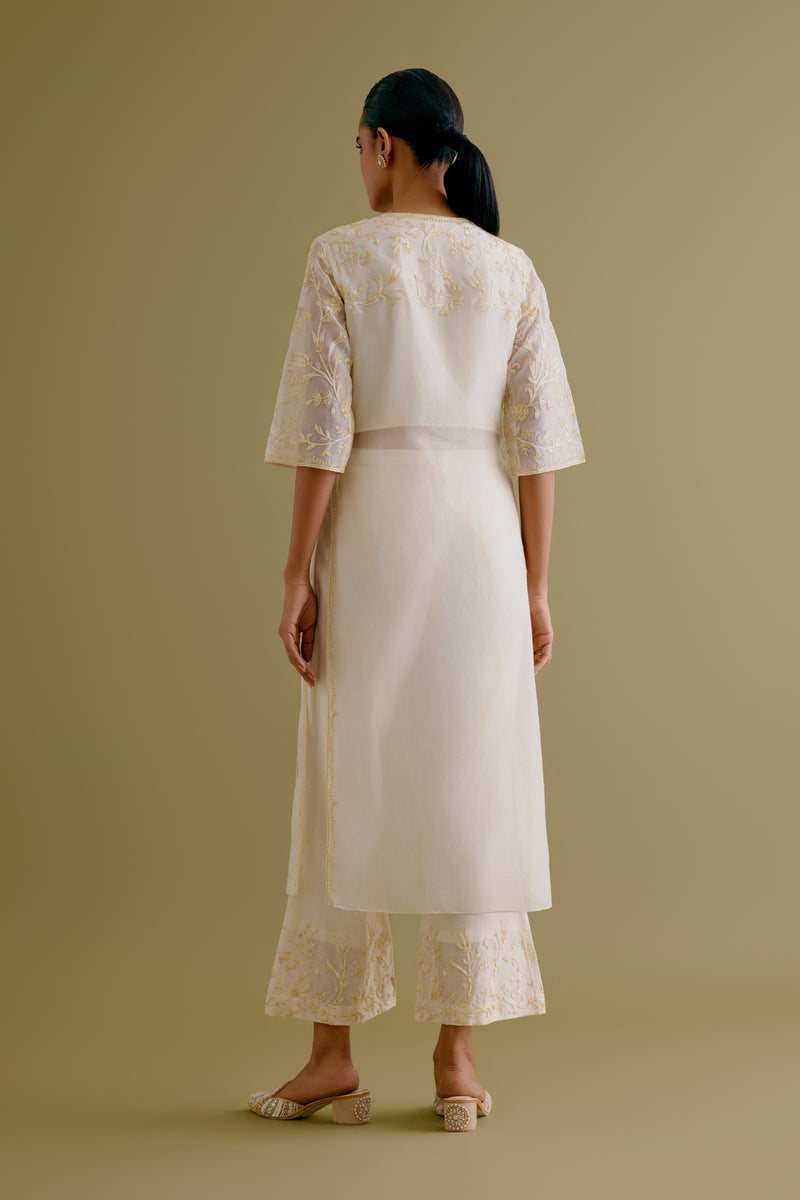 Ivory Silk Organza Embroidered Kurta Set