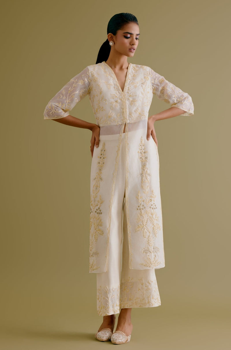 Ivory Silk Organza Embroidered Kurta Set