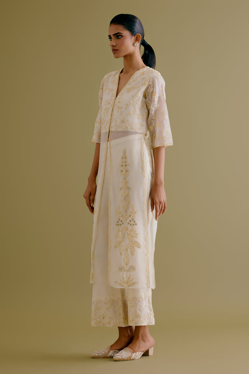 Ivory Silk Organza Embroidered Kurta Set