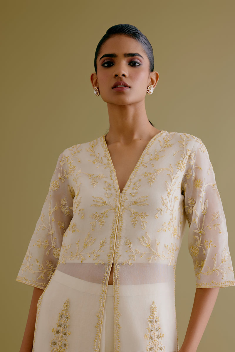 Ivory Silk Organza Embroidered Kurta Set