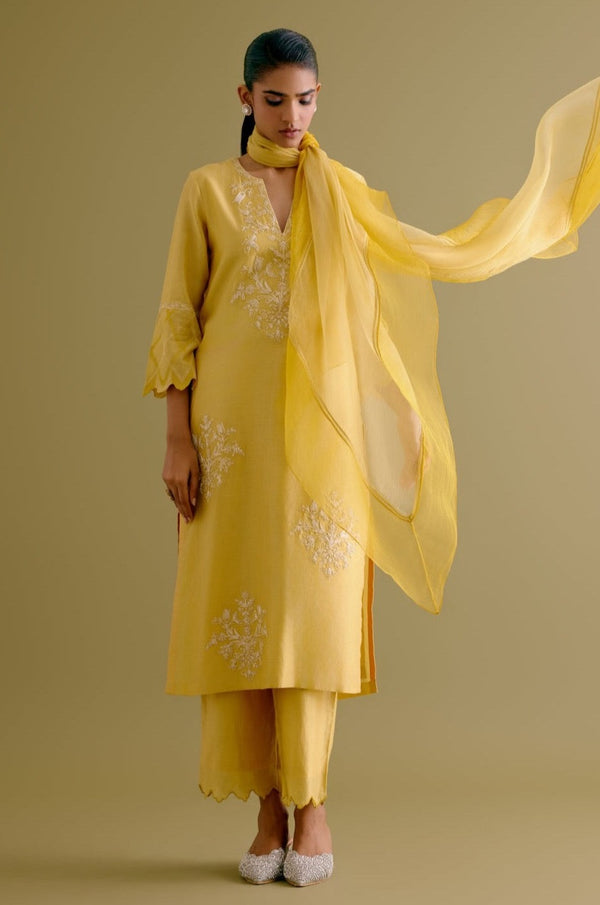 Yellow Silk Chanderi Dori Embroidered Kurta Set