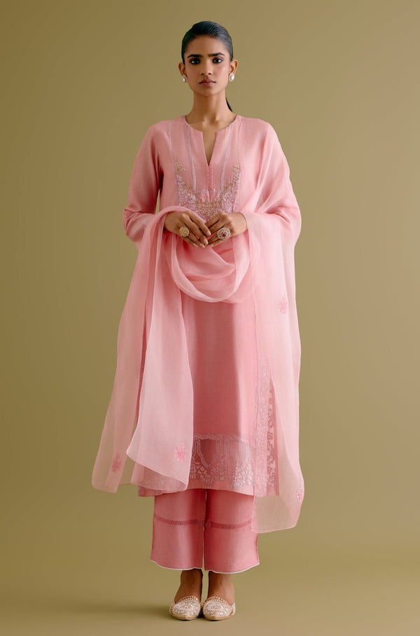 Pink Silk Chanderi Dori and Sequins Embroidered Kurta Set