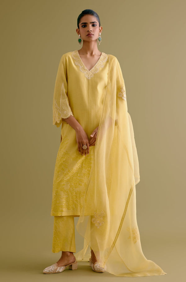 Yellow Silk Chanderi Dori Embroidered Kurta Set