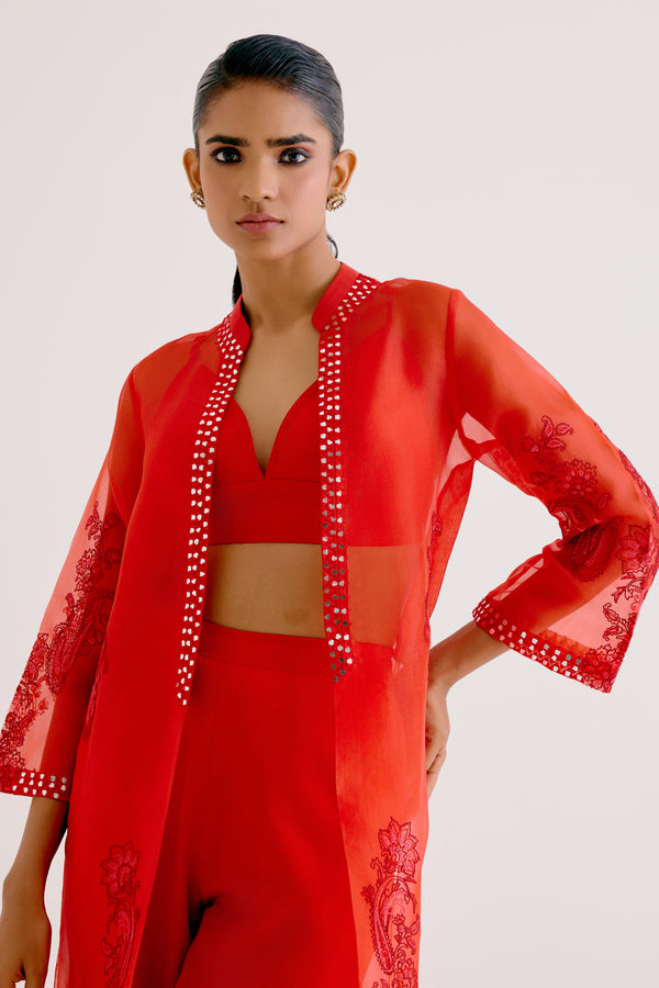 Red Embroidered Cape and Pant Set