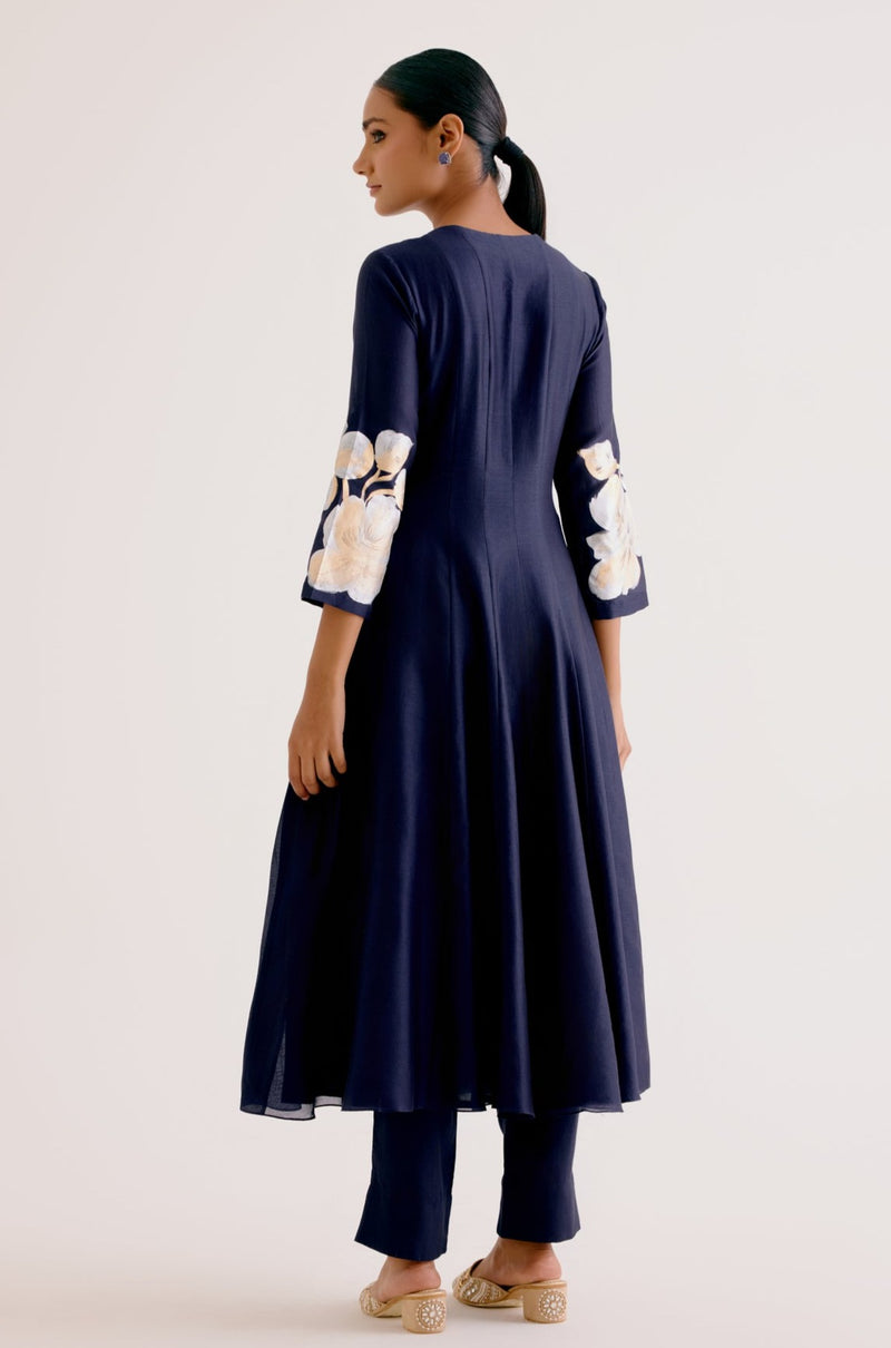 Navy Blue Cotton Silk Blend Hand-Painted Anarkali Set