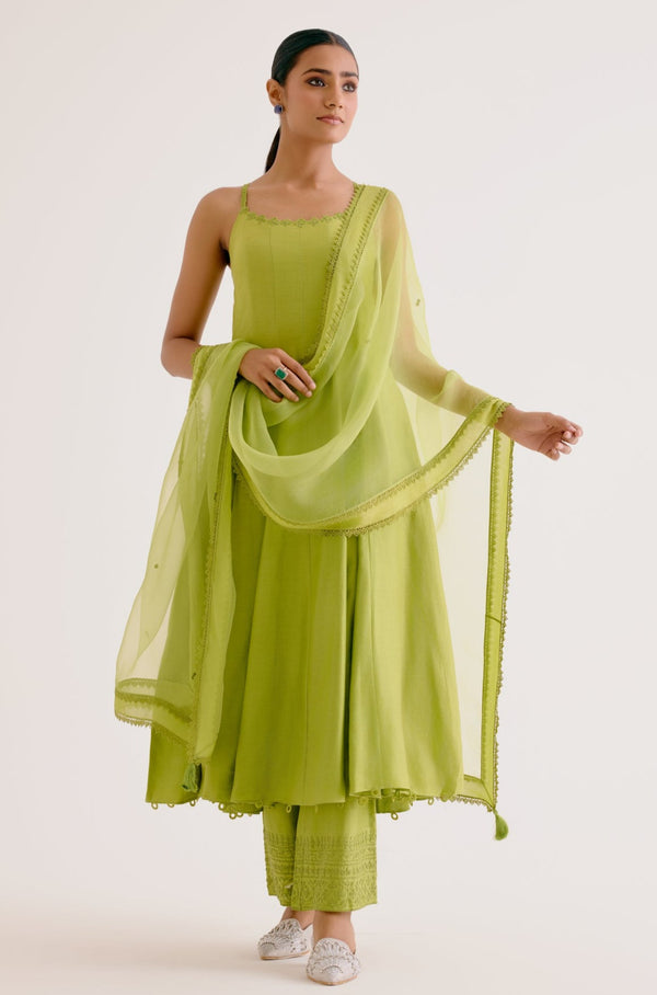 Green Cotton Silk Anarakali Set