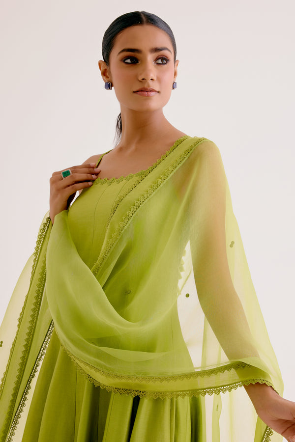 Green Cotton Silk Anarakali Set