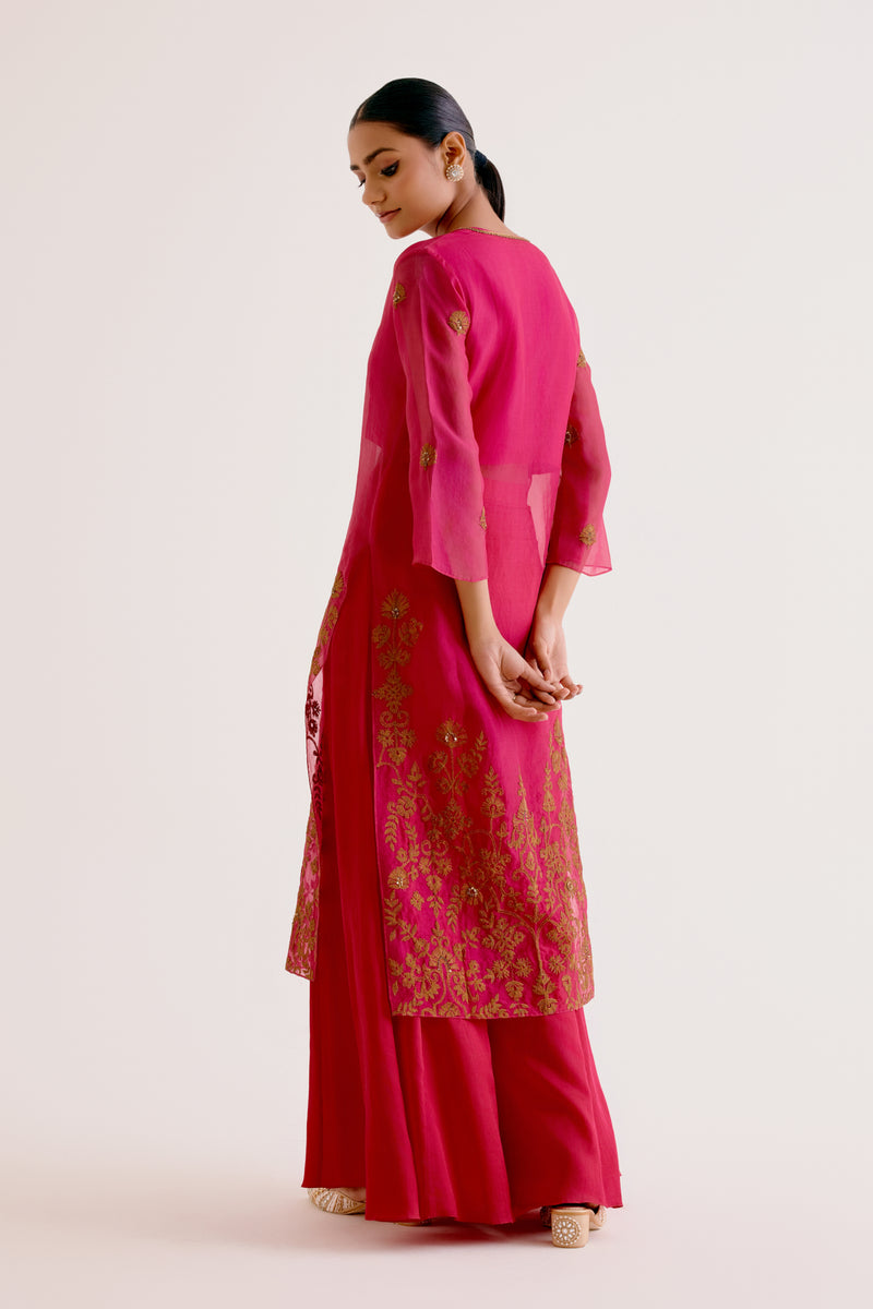 Fuchsia Pink Embroidered Silk Organza Sharara Set