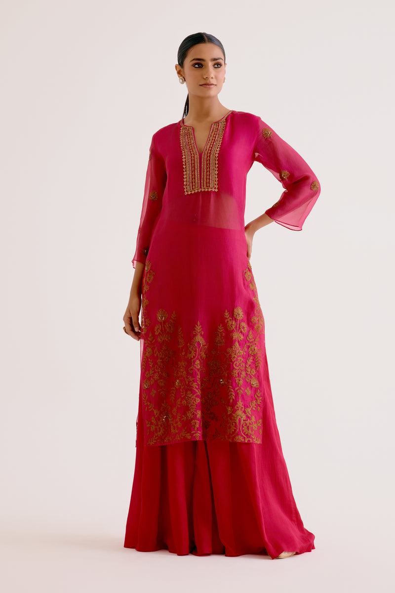 Fuchsia Pink Embroidered Silk Organza Sharara Set
