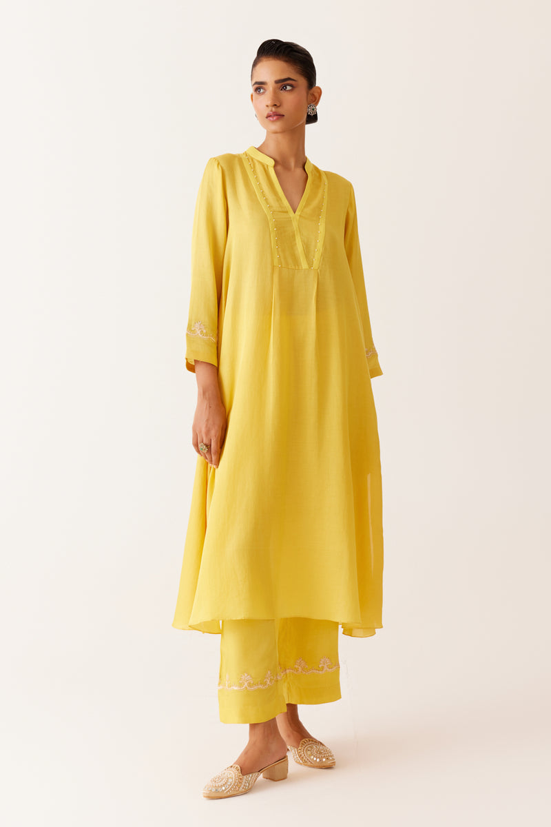 Yellow Cotton Silk Blend Dori Embroidered Kurta Set