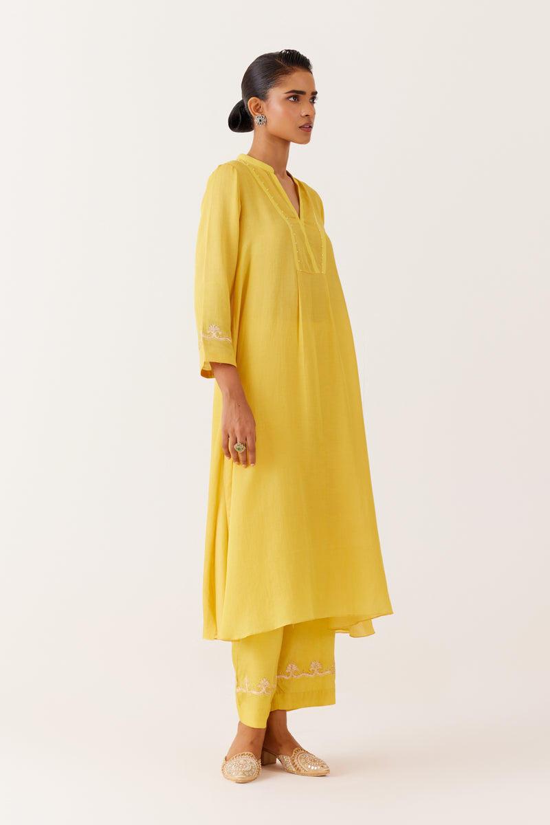 Yellow Cotton Silk Blend Dori Embroidered Kurta Set