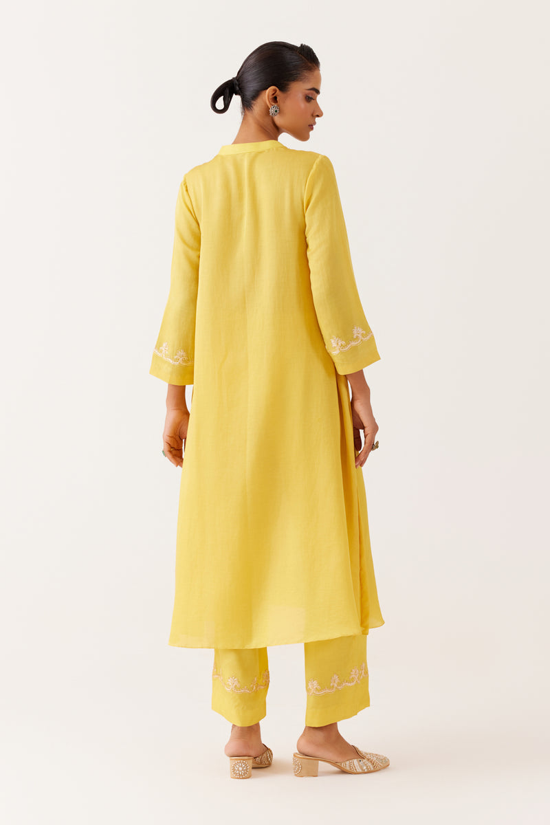 Yellow Cotton Silk Blend Dori Embroidered Kurta Set