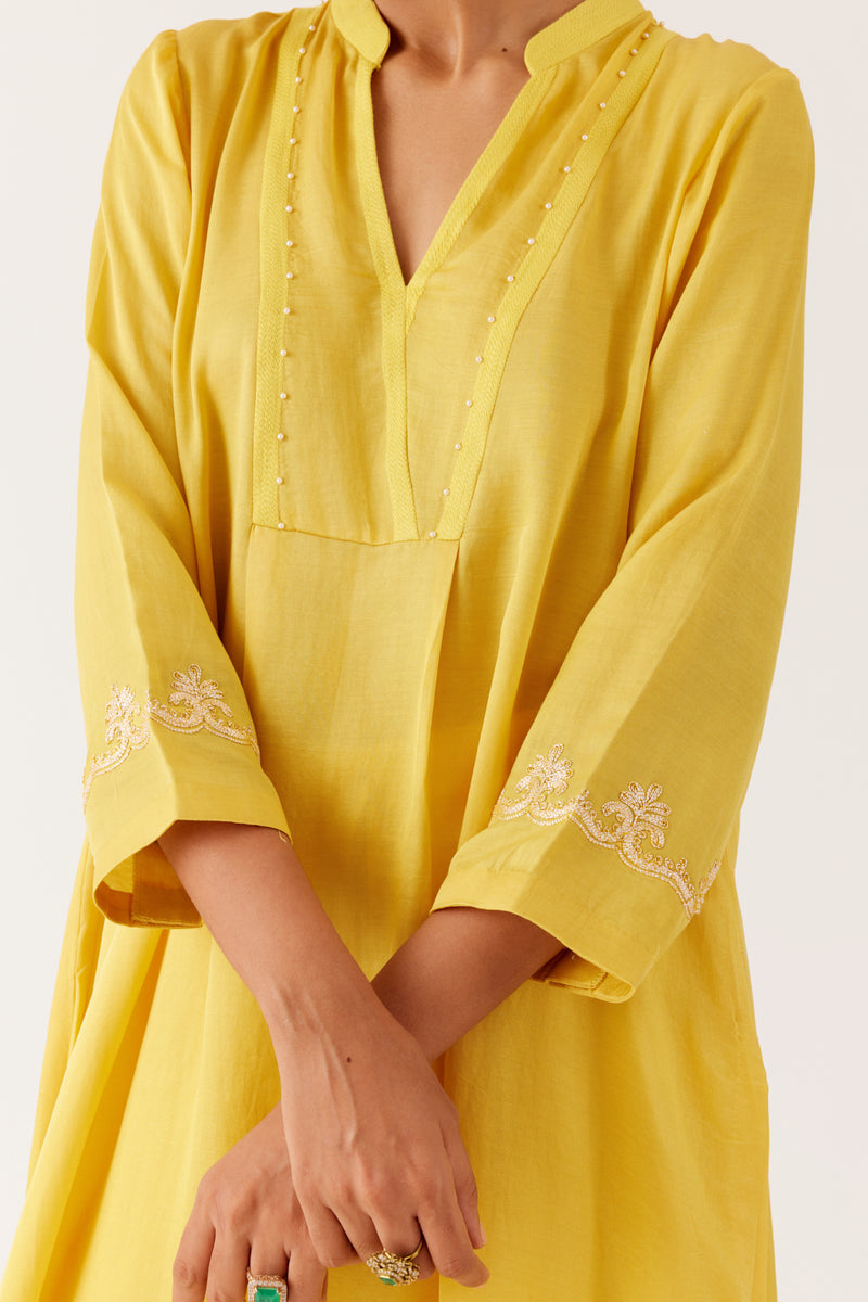 Yellow Cotton Silk Blend Dori Embroidered Kurta Set