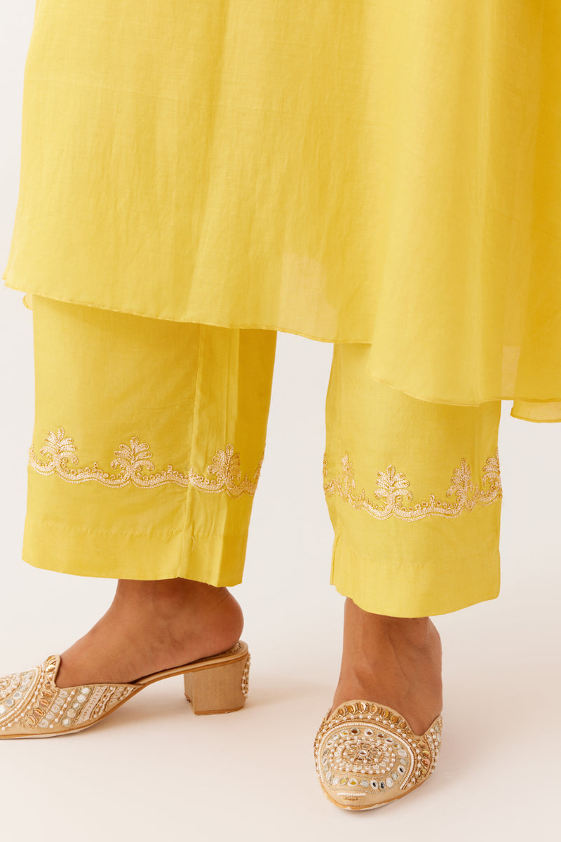 Yellow Cotton Silk Blend Dori Embroidered Kurta Set