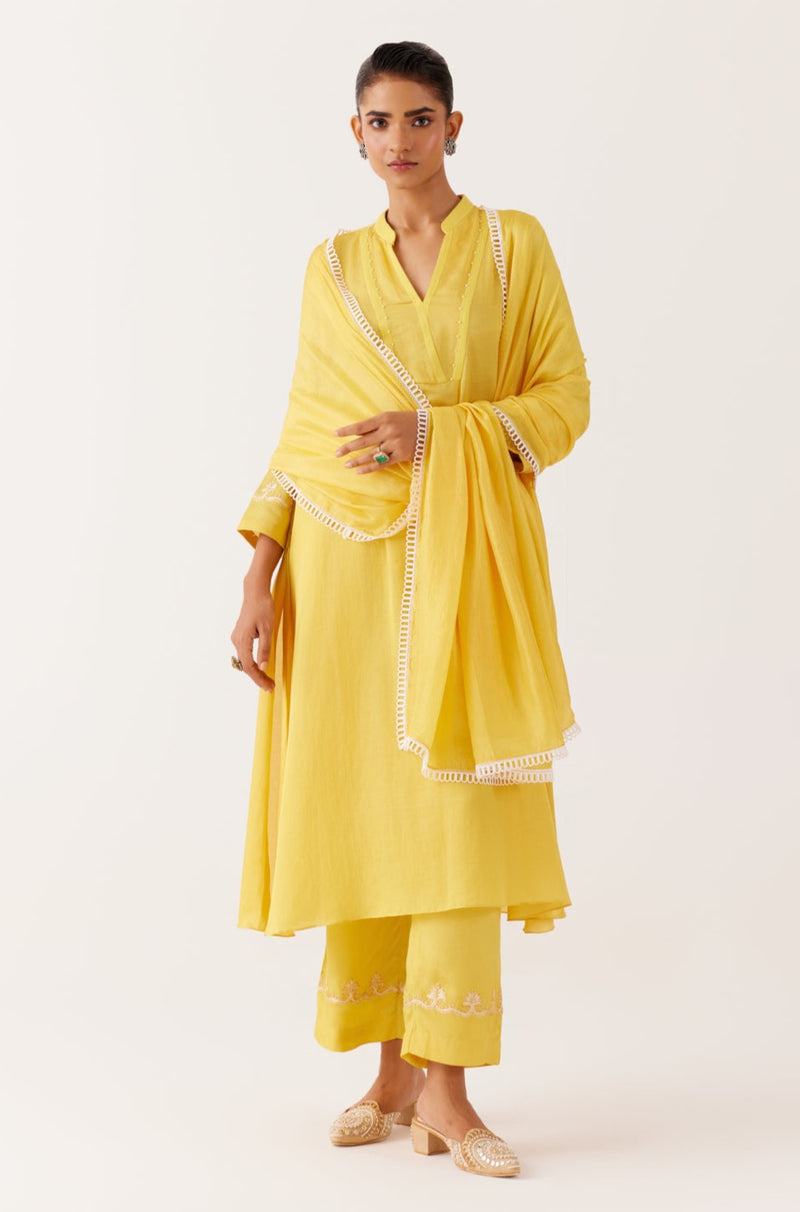 Yellow Cotton Silk Blend Dori Embroidered Kurta Set