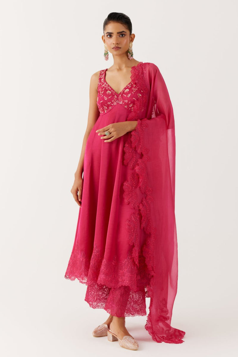 Fuchsia Pink Dori and Sequins Embroidered Anarkali Set