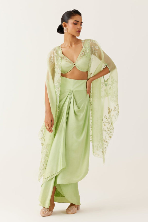 Pistachio Green Sequined Cape and Draped Skirt Set