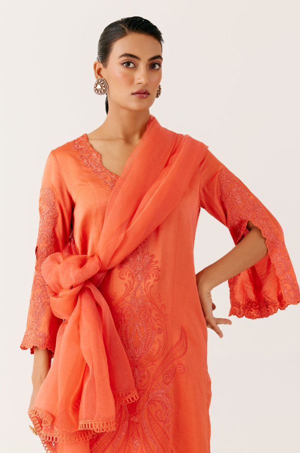 Orange Satin Dori Embroidered Kurta Set