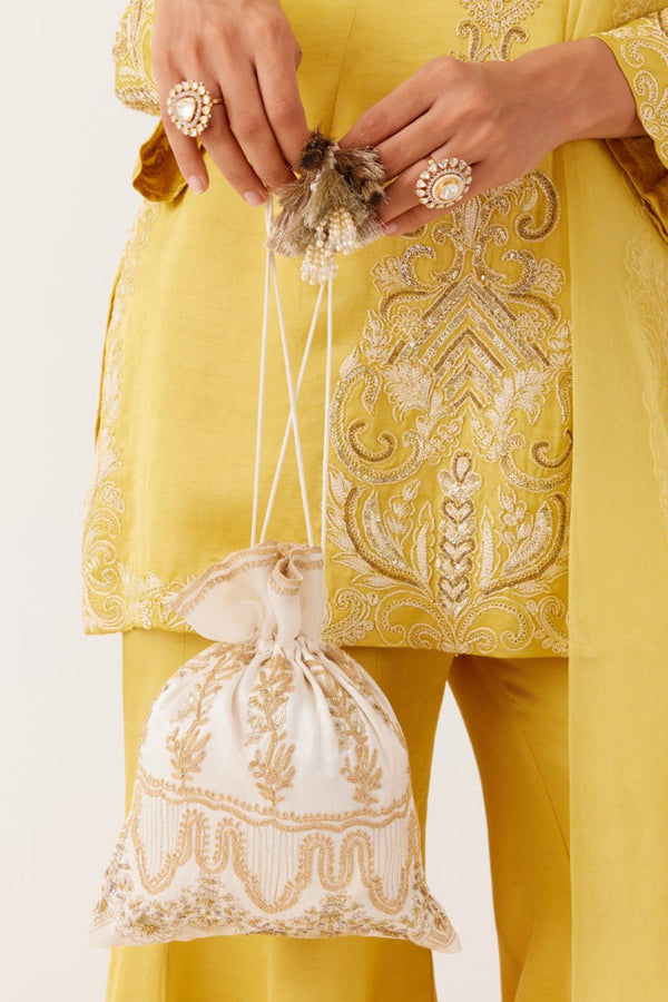 Ivory Embroidered Gajji Silk Potli