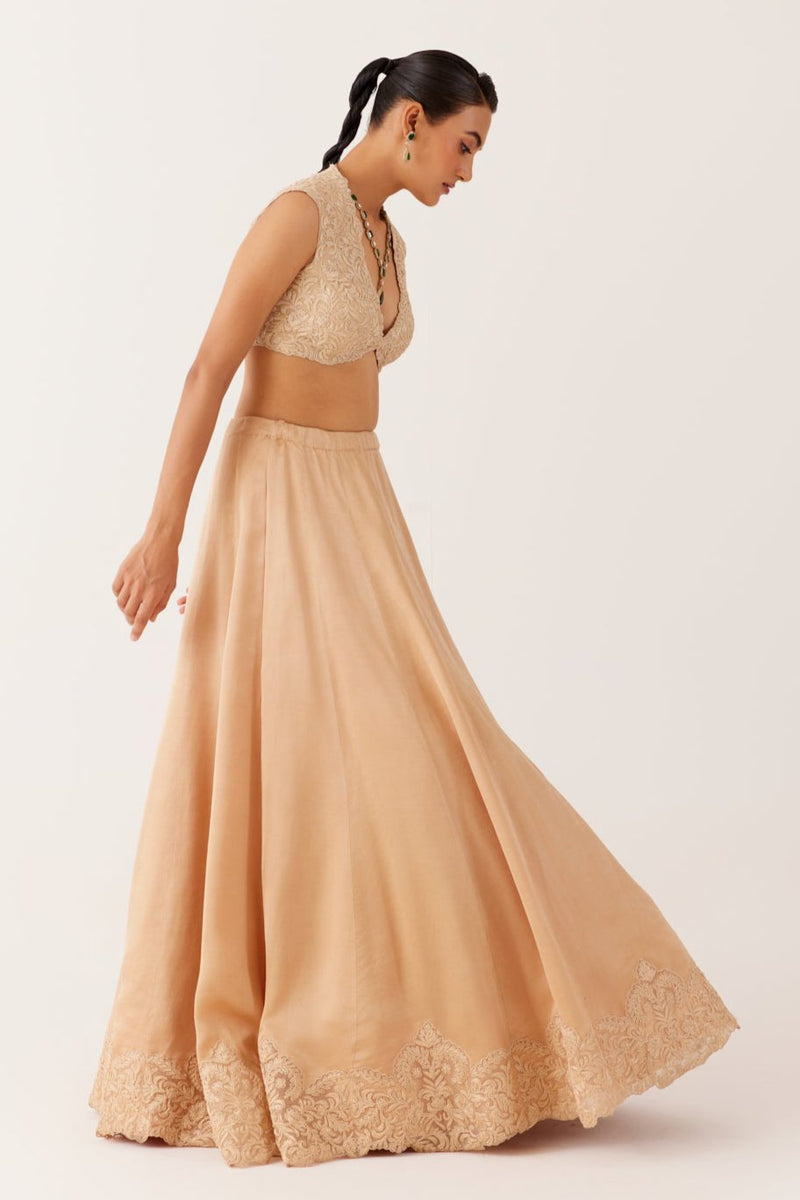 Golden Beige Embroidered Silk Satin Lehenga