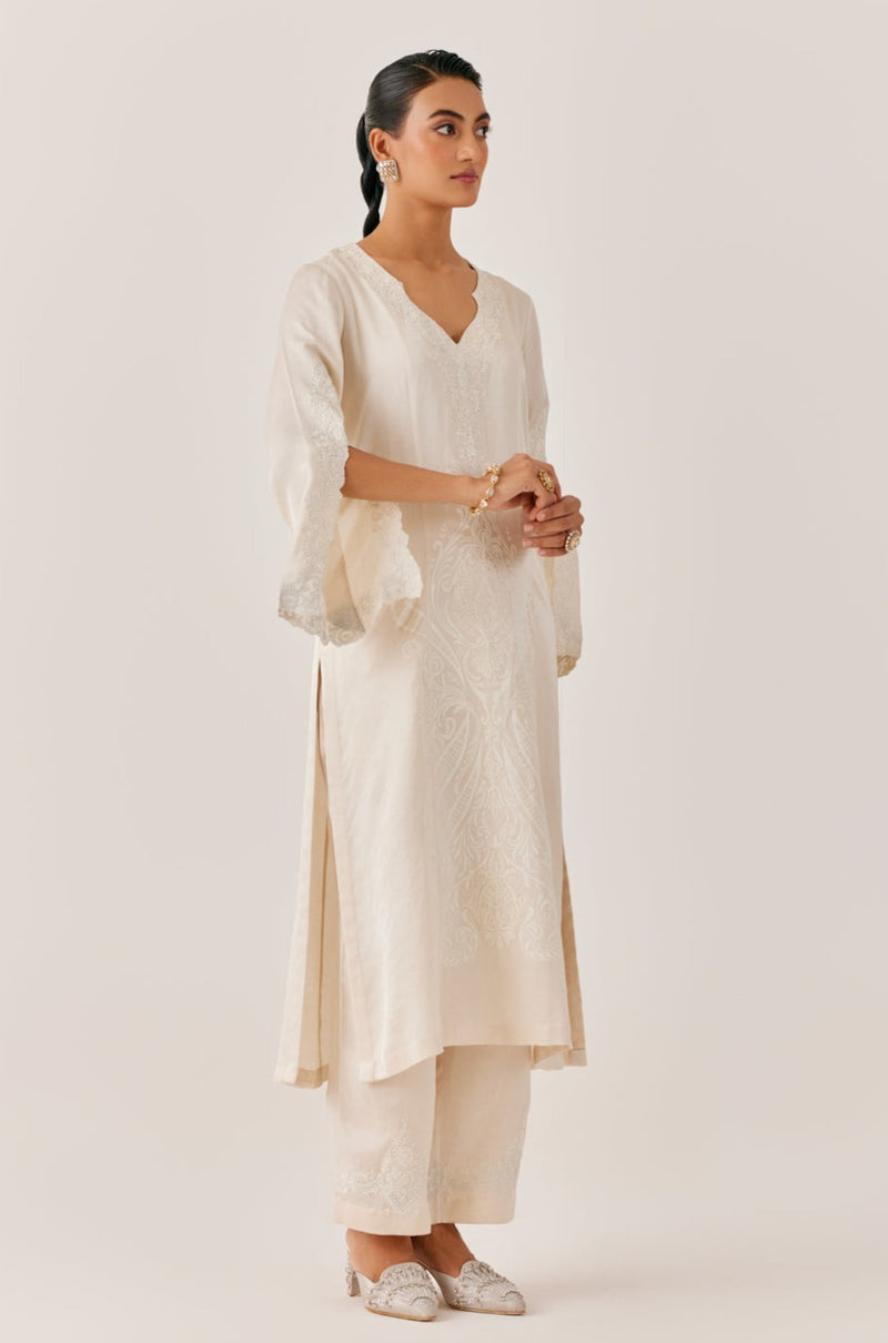 Ivory Satin Dori Embroidered Kurta Set