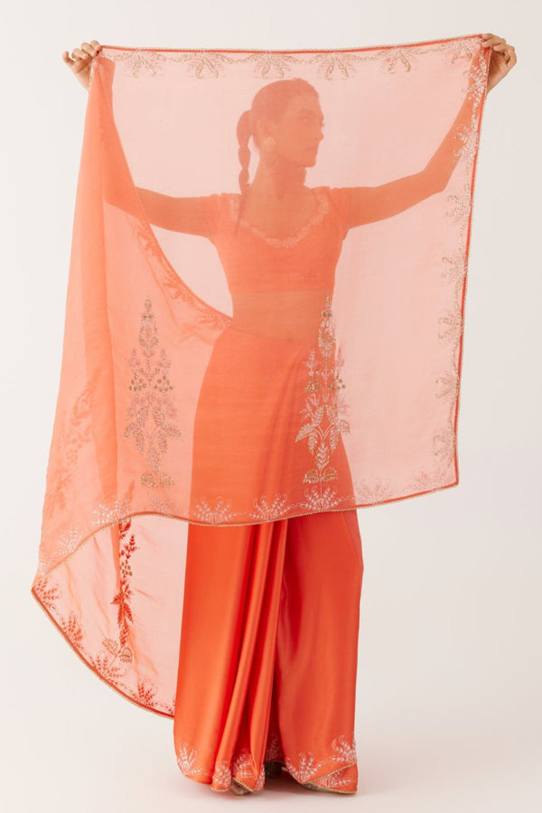 Orange Sequined Organza Saree